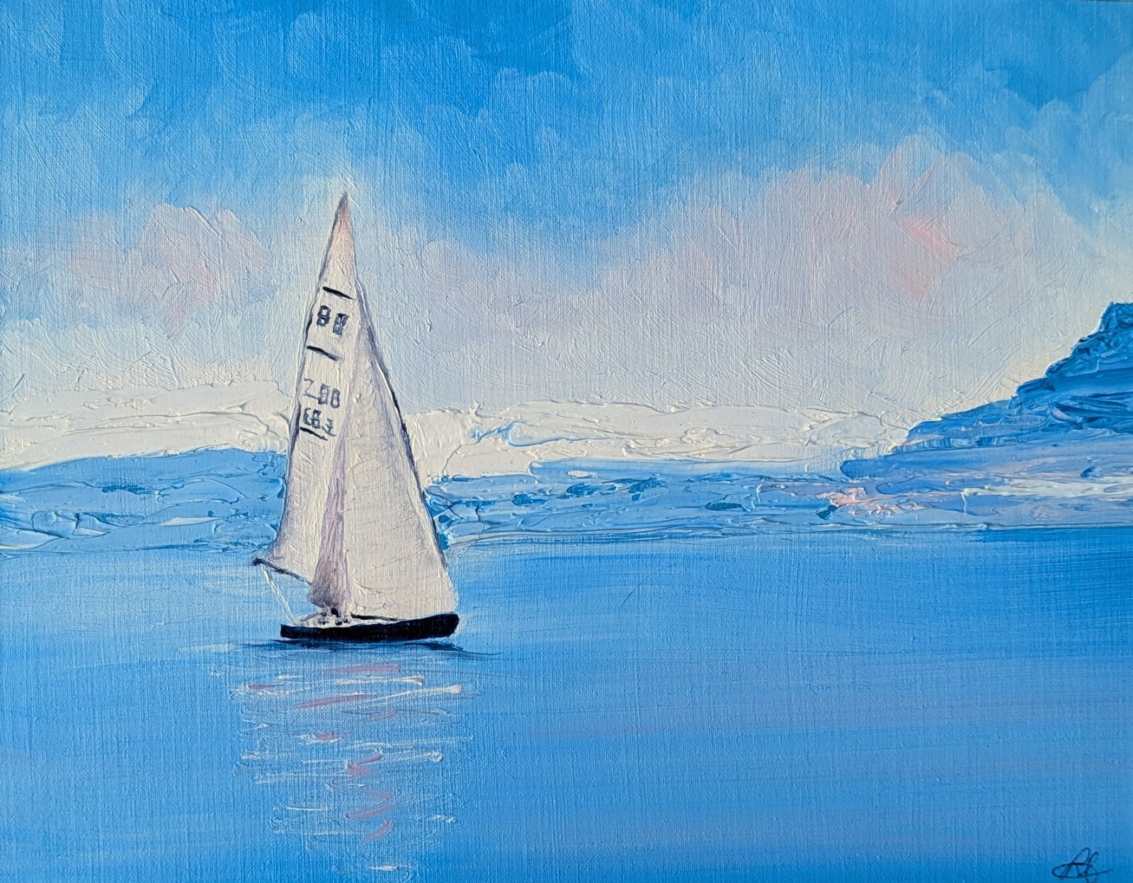 Ocean Winter Sailing Original Oil, Sailing, Peaceful Pink and Blue OOAK