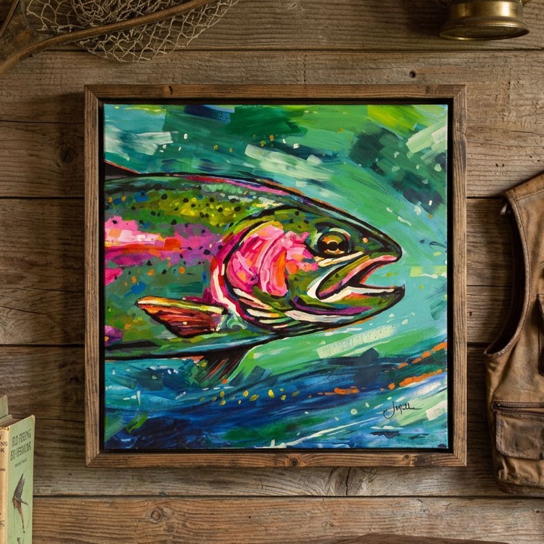 Original Rainbow Trout Painting 18×18 Canvas Fish Art Hand Painted & Signed