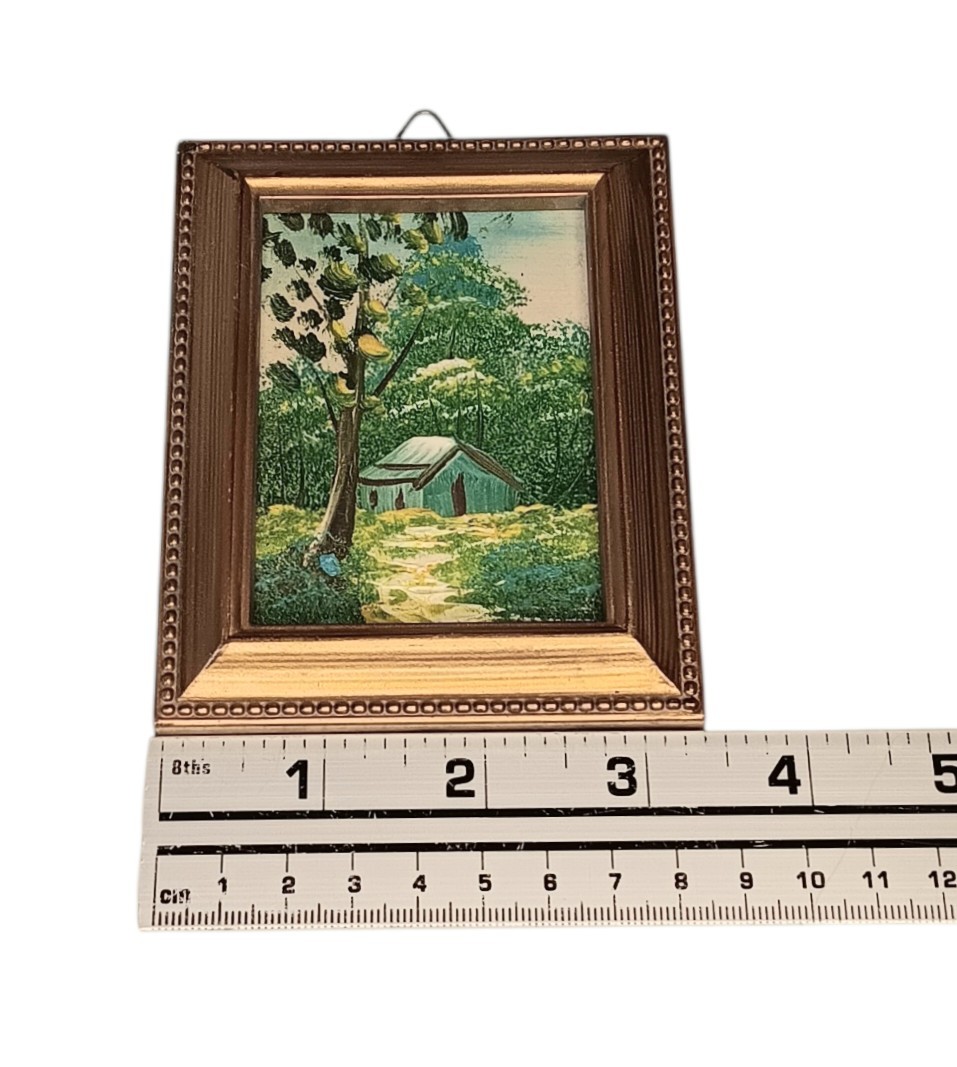 VTG Miniature Painting Barn Path & Trees In Gold Plastic Frame Blue Green Yellow