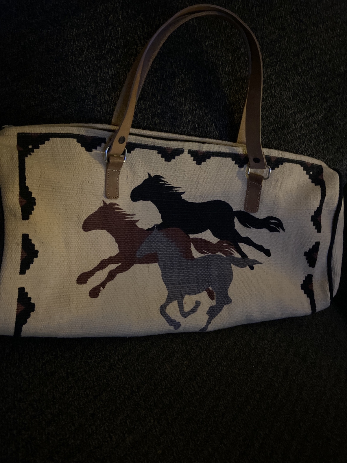 Beautiful Cylinder Shaped Woven Purse/bag With Running Horses & Leather Straps