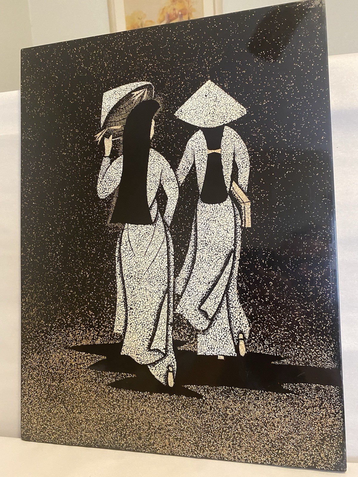 Vietnamese Crushed Eggshell Mosaic Black Lacquer Art Wall Hanging 2 Girls 12by16
