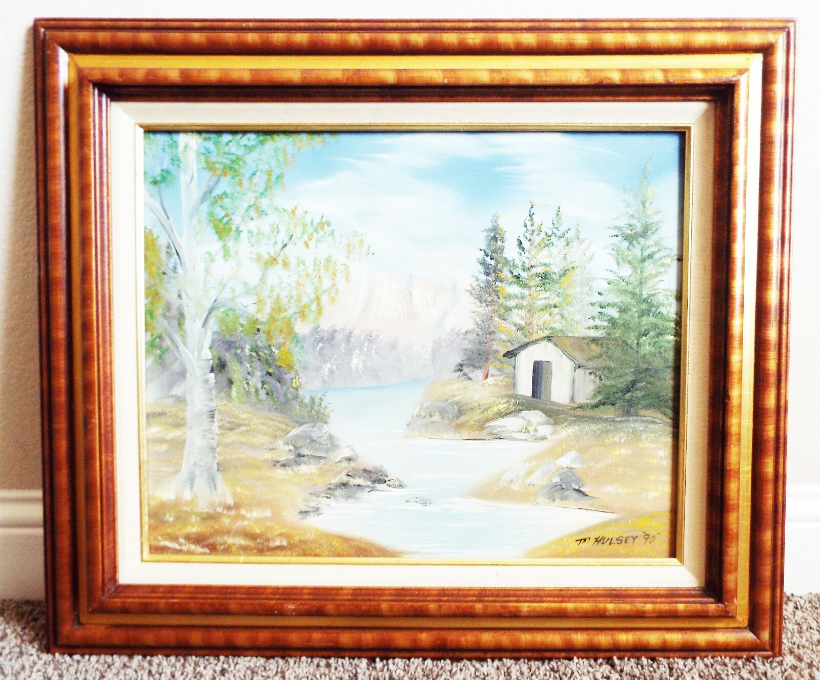VTG M HULSEY CABIN ORIGINAL OIL LANDSCAPE PAINTING ON CANVAS LINEN MAT FRAMED