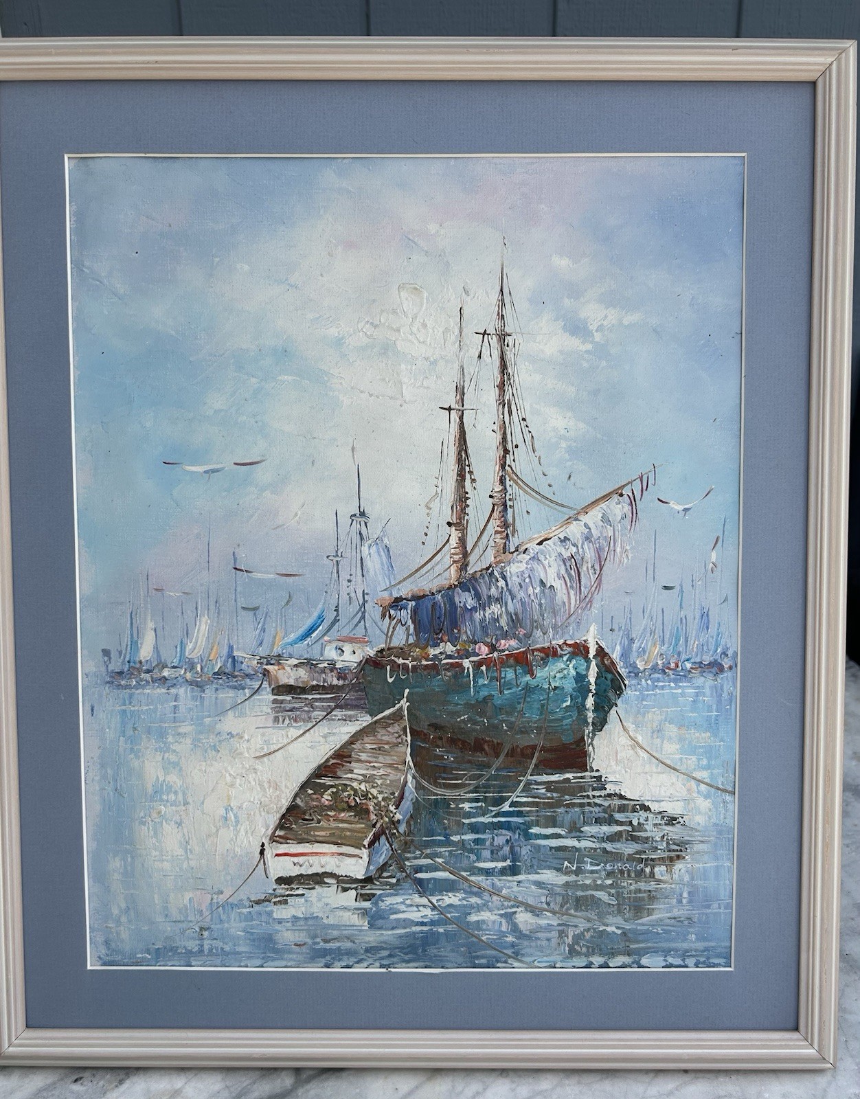 Signed Vintage MCM Blue Sailing Ships Framed Oil Painting Textural Art READ