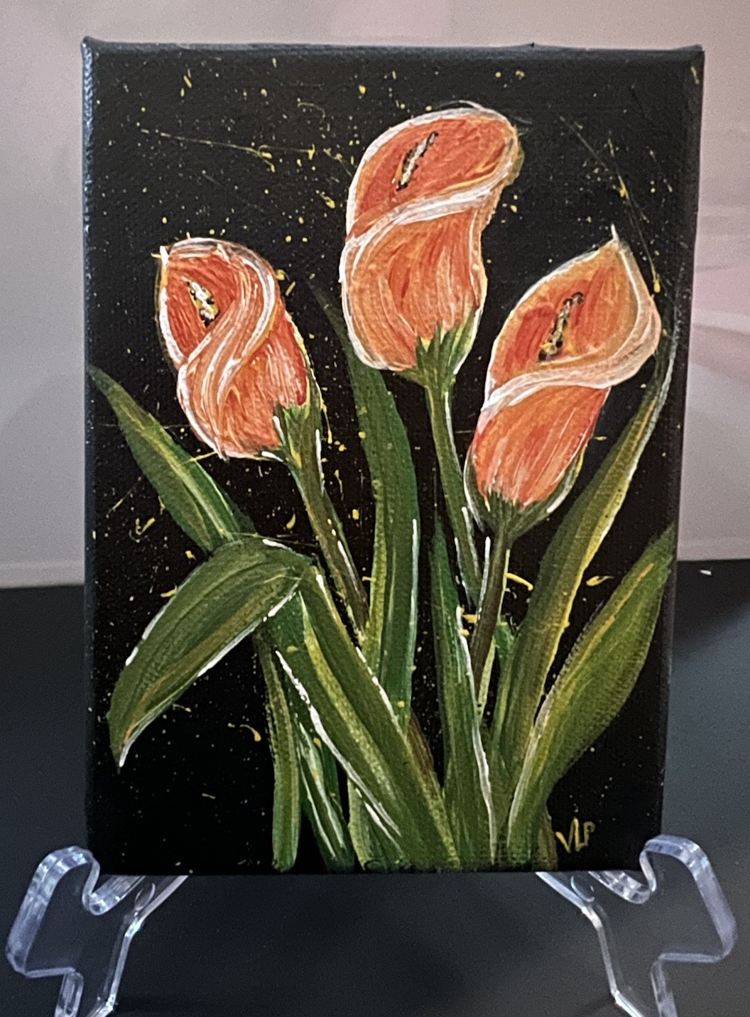 Three Flowers Abstract Calla Lilies Acrylic Small 5×7” Canvas VLP Original