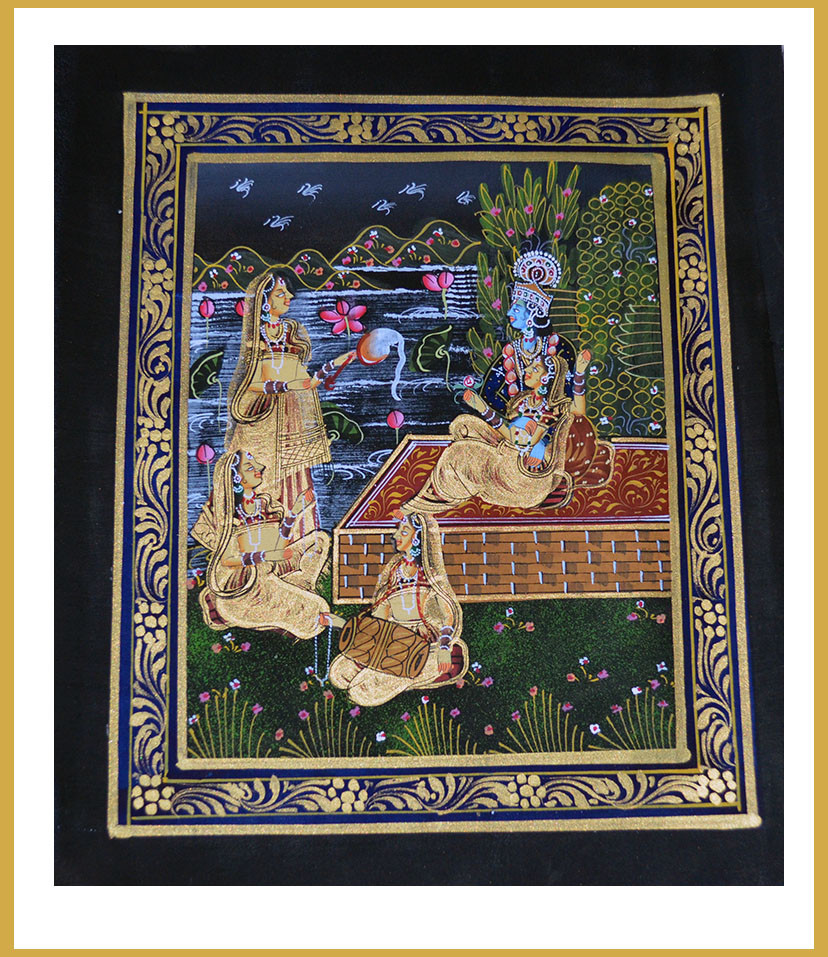 Radha Krishna Miniature Original Painting on Silk Cloth India Natural Colors!