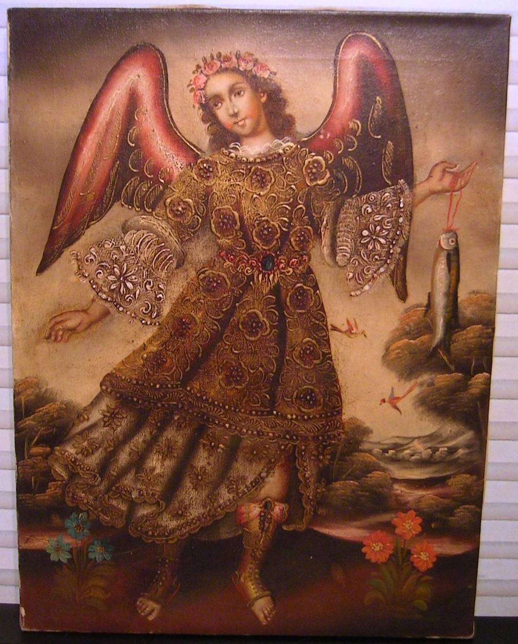 Vtg Cuzco Peru Religious Oil Canvas Painting Archangel Raphael