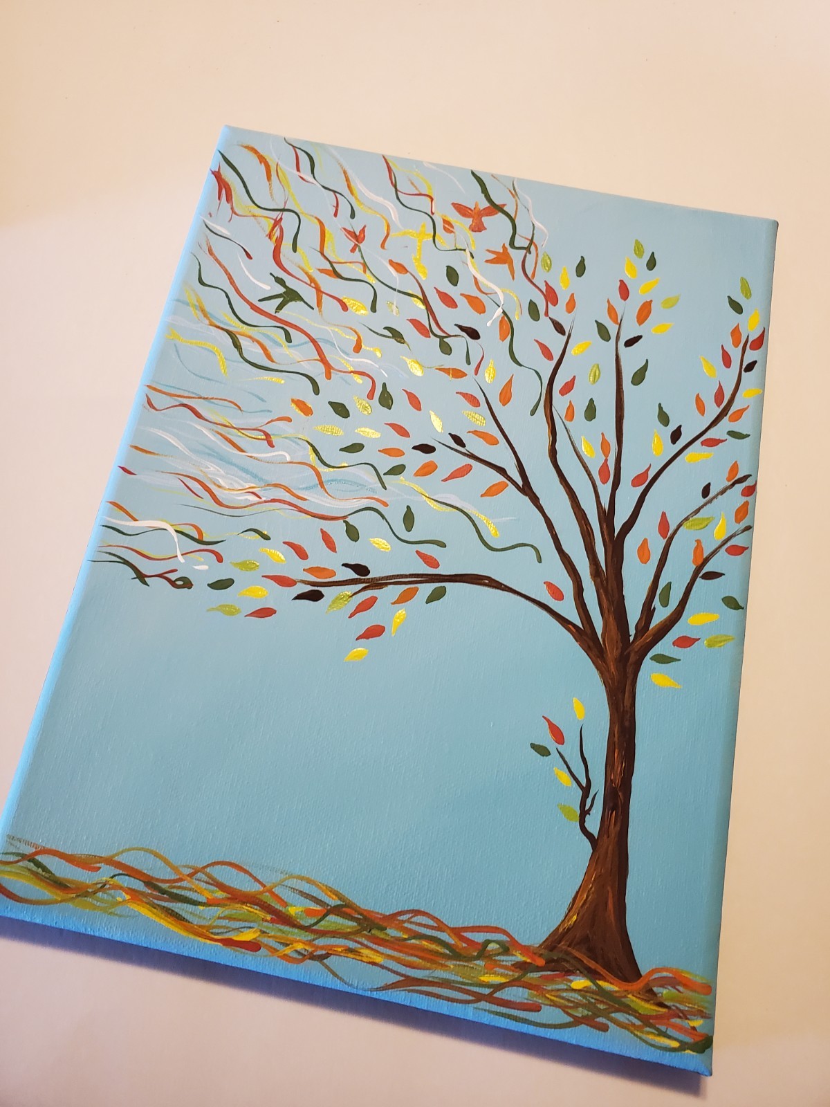 ORIGINAL ABSTRACT TREE FALL LEAVES ARTWORK PAINTING ACRYLIC ON CANVAS 9X12 ooak