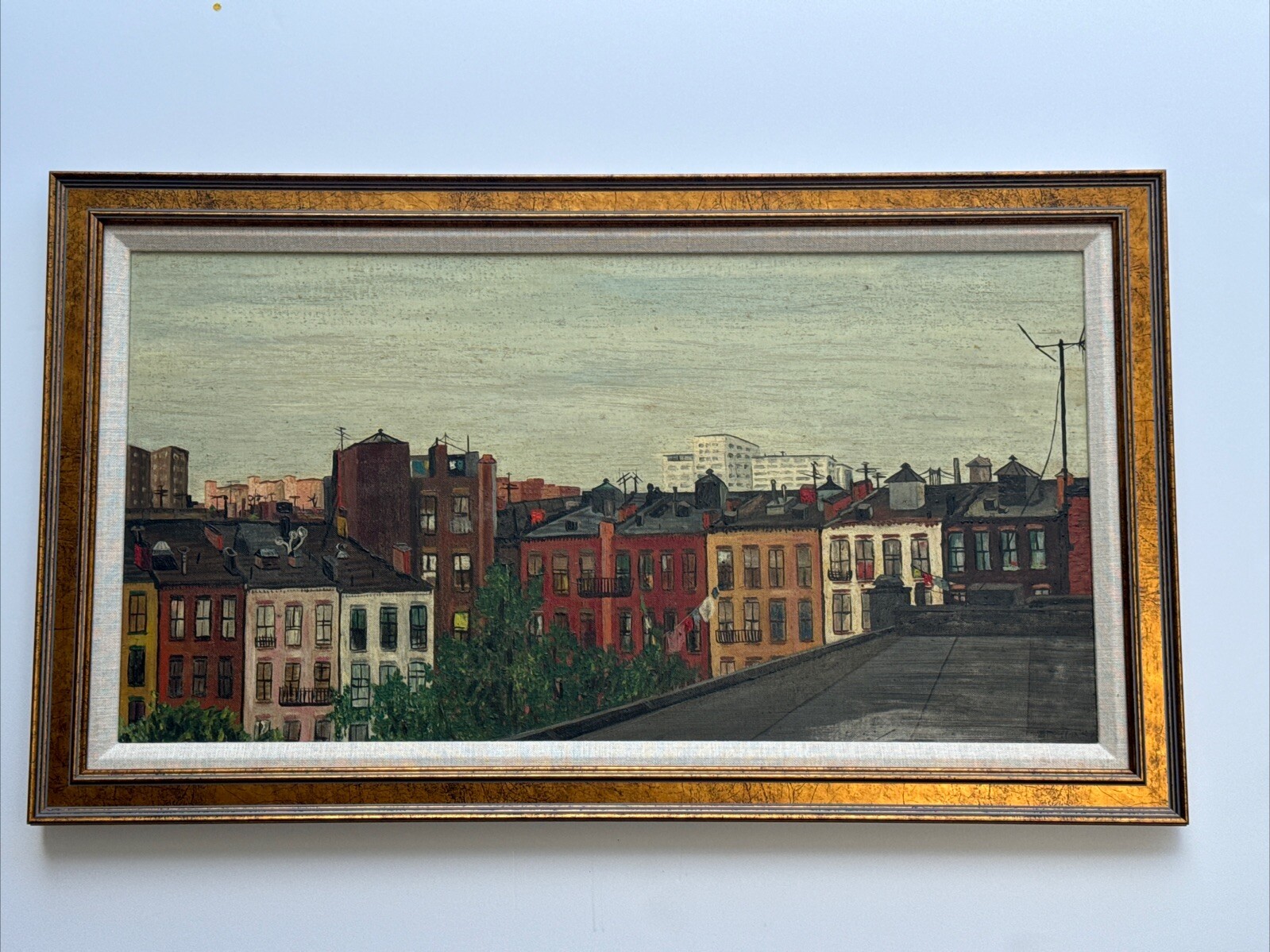 ANTIQUE New York PAINTING Rooftops URBAN REGIONALISM WPA STYLE Mid Century Oil