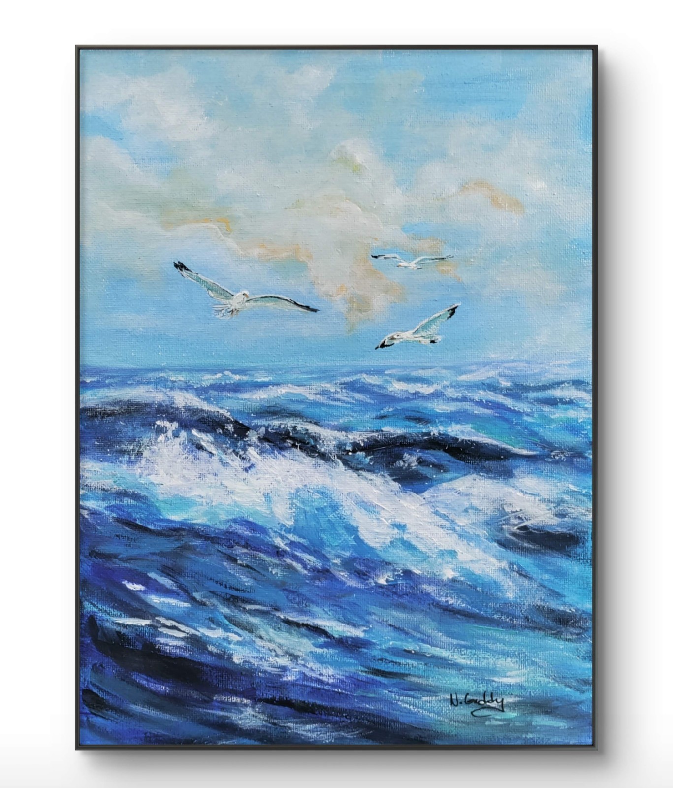 Original Expressionism 9 x 12 Blue Ocean Waves Acrylic Wall Canvas Art Painting