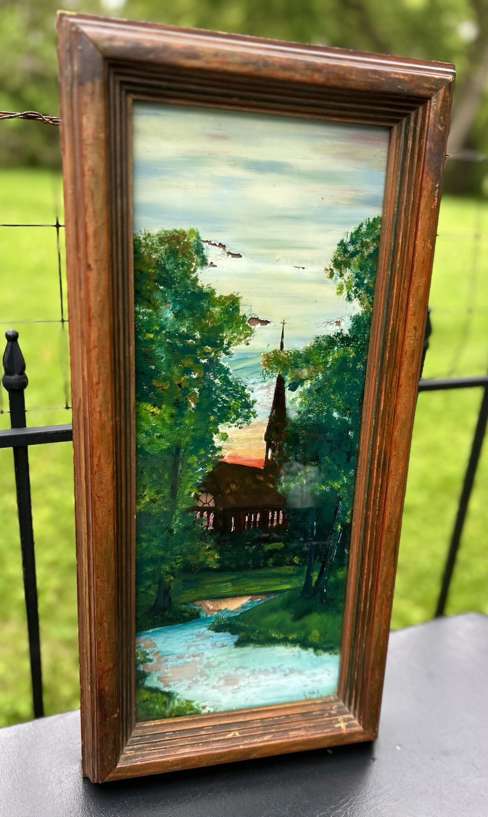 Antique Wood Frame Reverse Painted Church Landscape Germany Signed Chas Bauerle