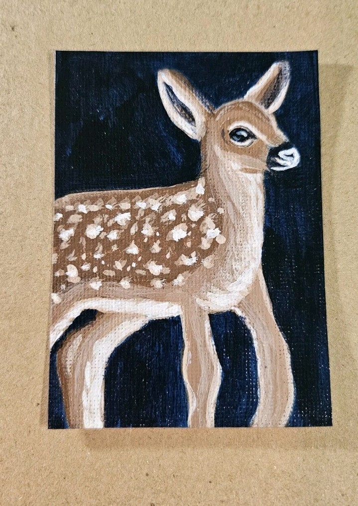 ACEO Fawn Original Painting Baby Deer Artwork Acrylic on Paper Signed Art