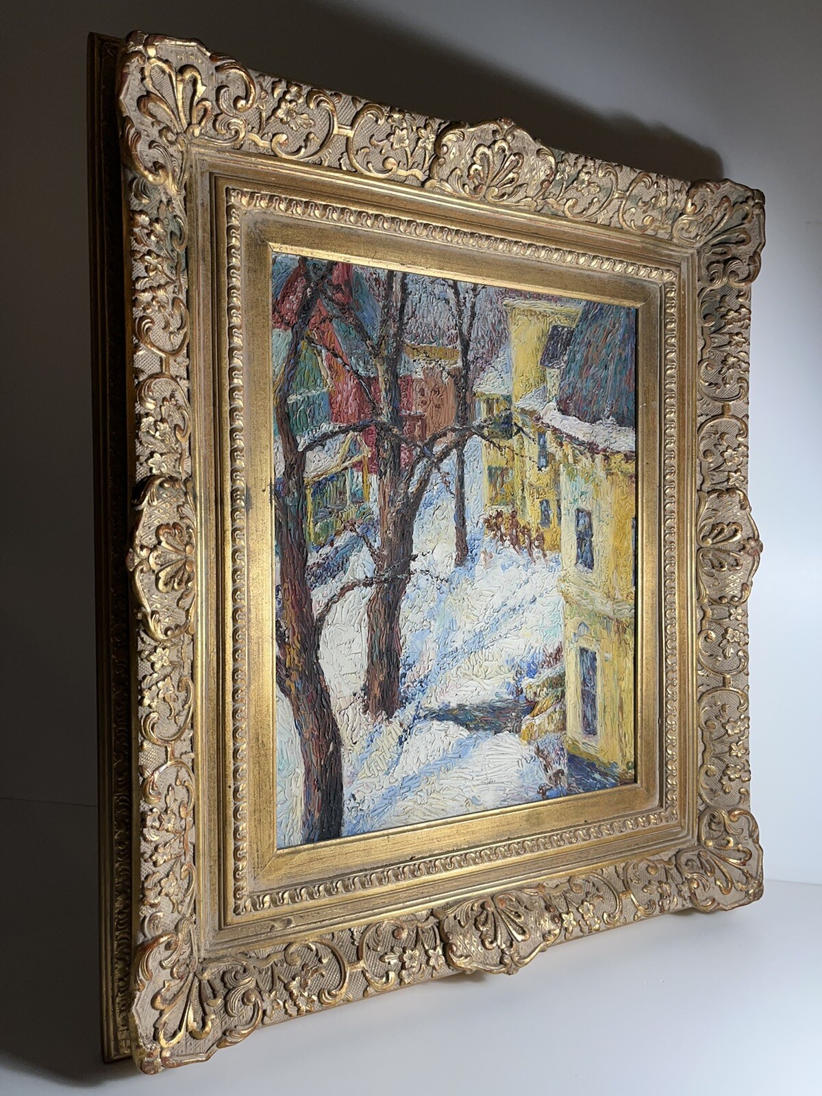 ORIGINAL TEXTURED AMERICAN TOWN ANTIQUE WINTER SNOW VINTAGE LANDSCAPE PAINTING