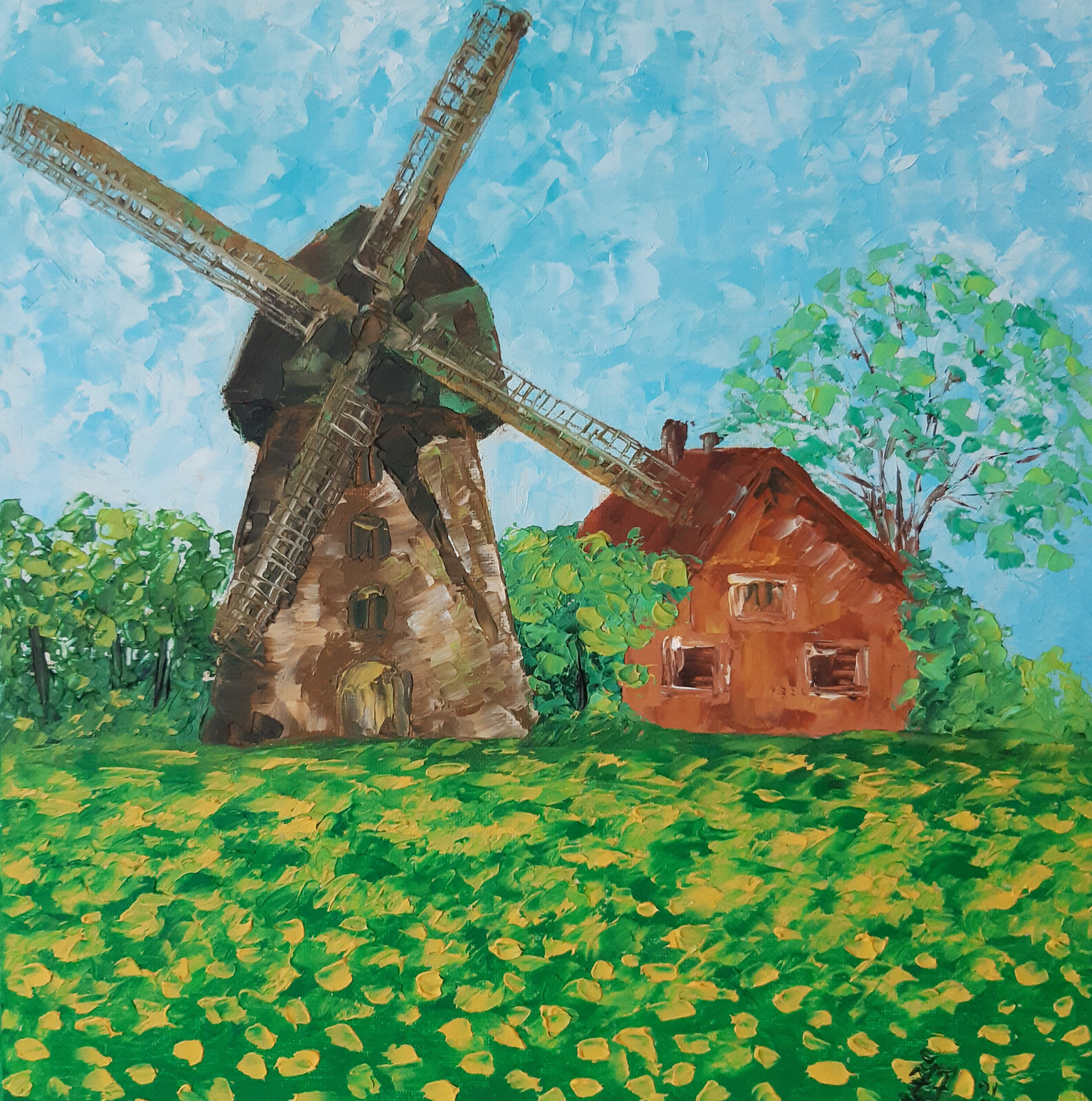 Windmill Original Painting Old Mill Landscape Oil Artwork 12 by 12 Wall Art .