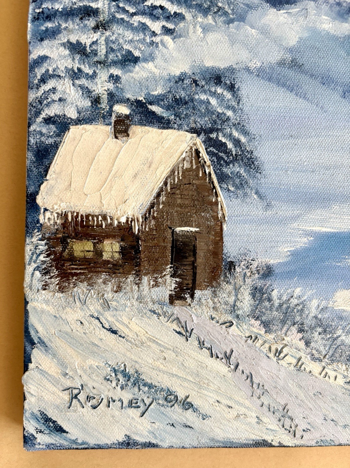 Bob Ross Style Signed Landscape by Rosemary Lee – Winter Cabin Scene – 16×20″