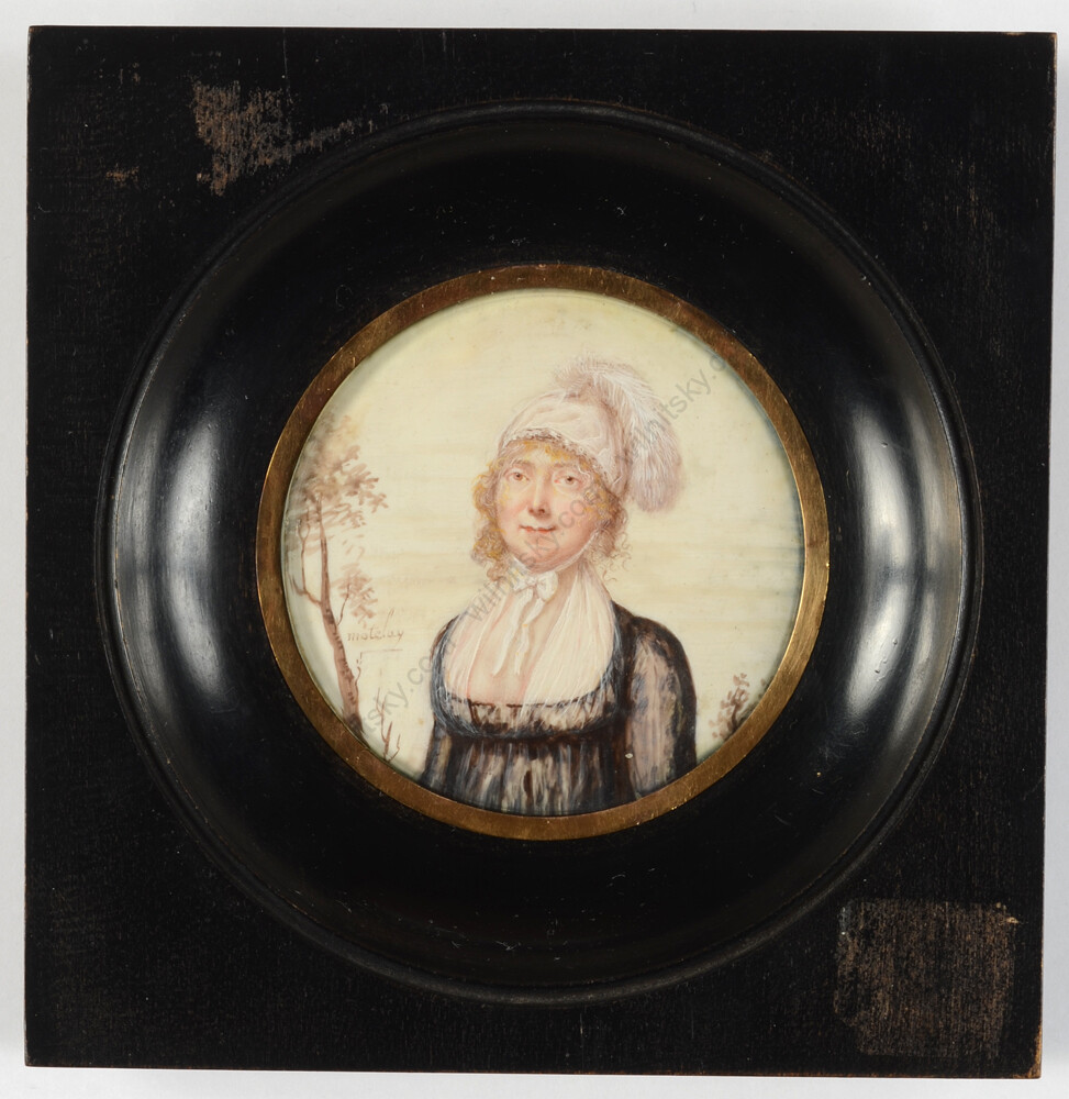 Motelay (fl.1789 -early 19th c.) «Lady posing in landscape», fine miniature (m)