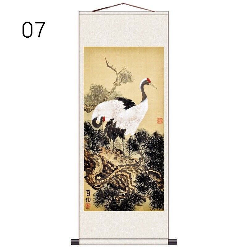 1PC Asian Silk Scroll Painting Crane Feng Shui Wall Hanging Artwork Framed