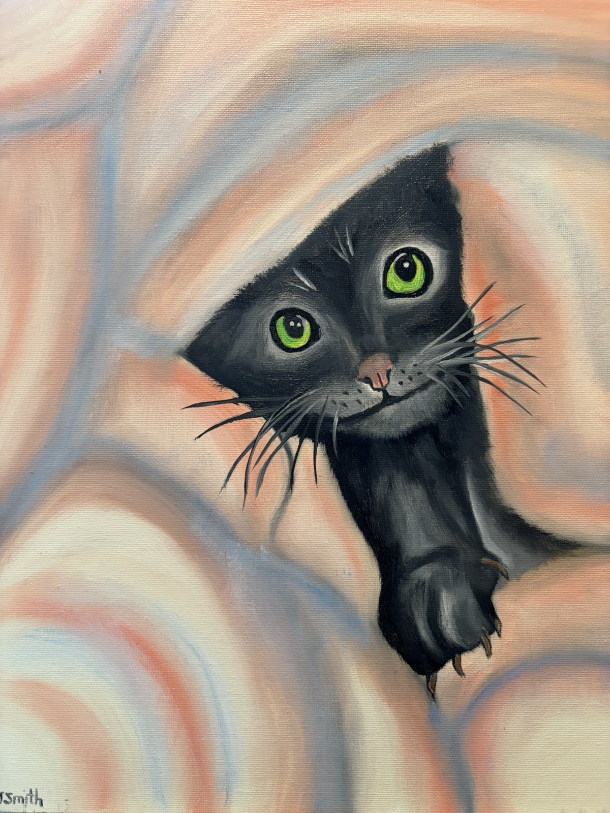 Original oil painting 11 x 14 inch black cat in blanket signed canvas- free ship