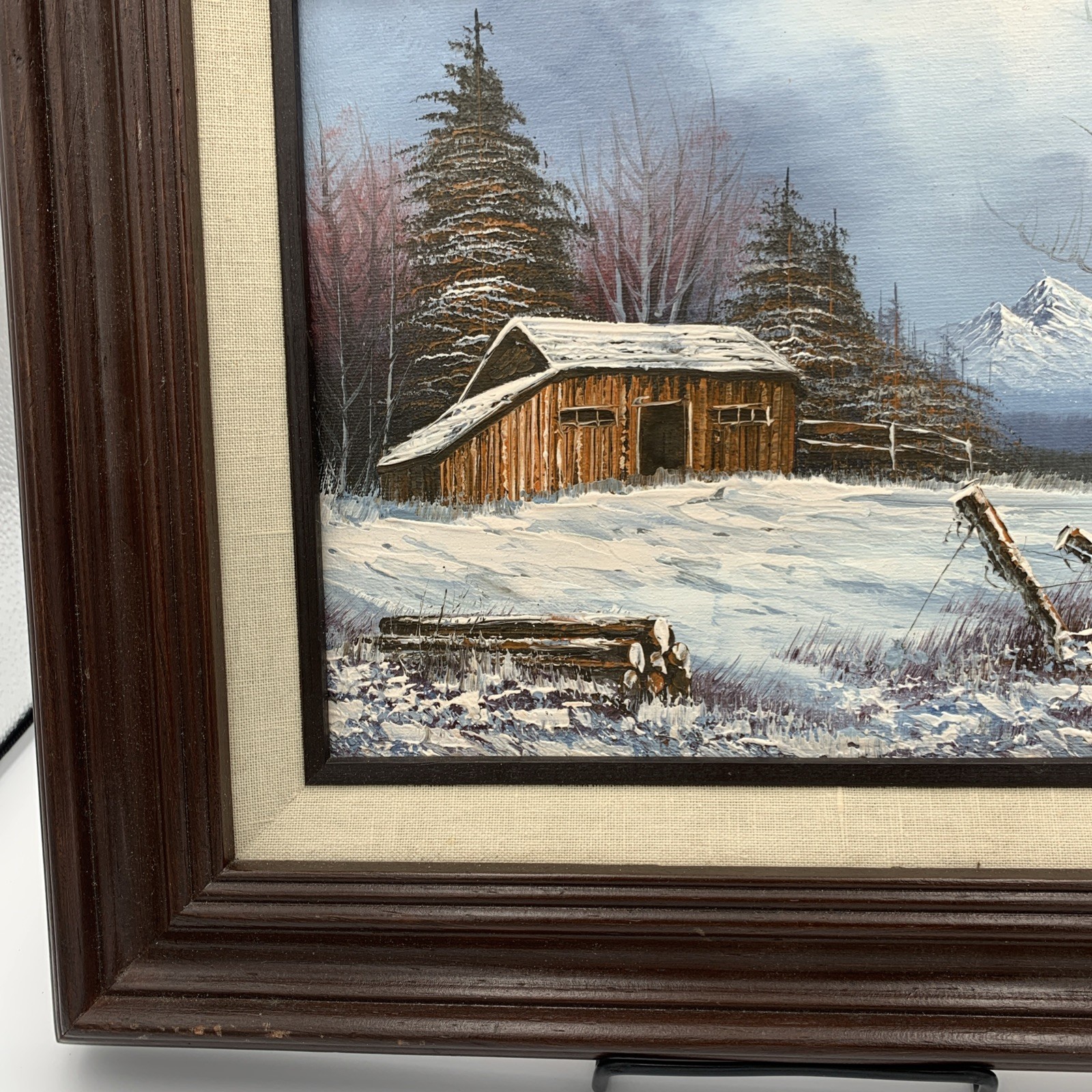 Framed Oil Painting~Snow Pines Mountain Cabin Scene~ 15”X 14”~ Signed J. AvLaire