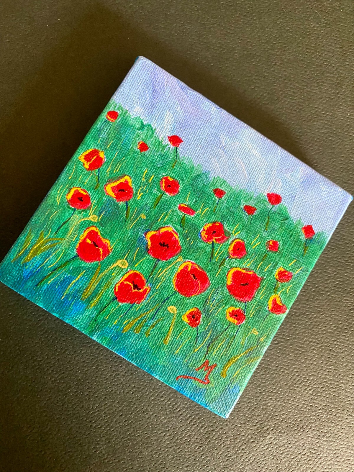 Poppies Painting, Poppies Field Mini Painting on Canvas Art, Gift for Her 4″x4″