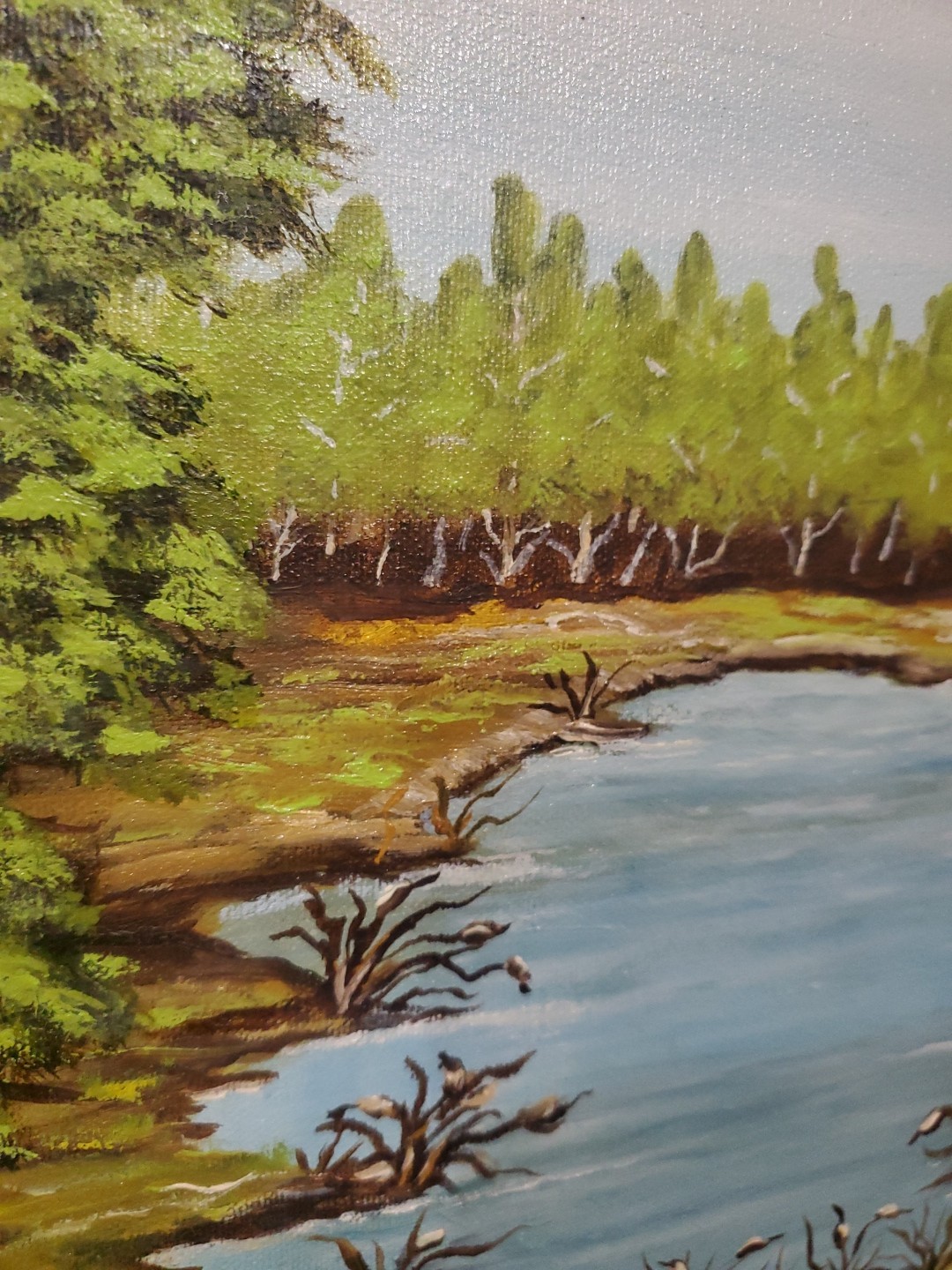 Original oil painting Vibrant!!! Blue Flowers Pond Forest Landscape SIGNED