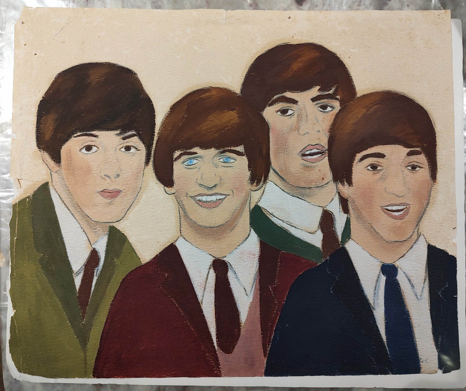 Vintage 1960s Beatles Fan Art Portrait Painting Signed 13×10 Original