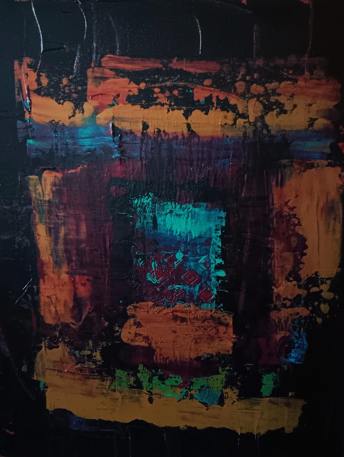 Small abstract original black turquoise blue purple red ochre «Long Night»
