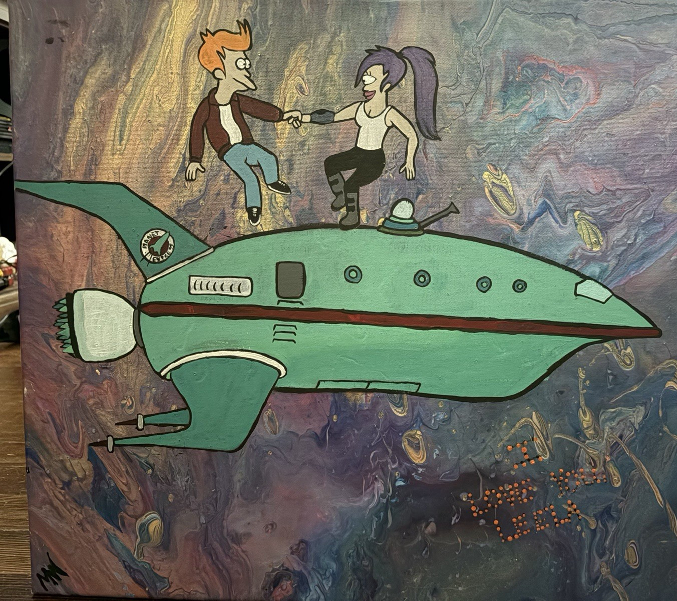 Hand-painted cartoon canvas painting OOAK outer space submarine signed JW 2020