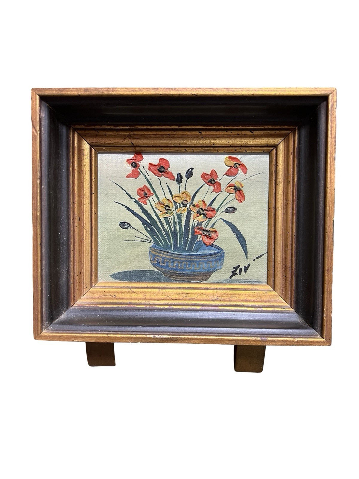 Vintage 1976 Signed Small Floral Still Life Oil Painting with Easel Stand 70’s