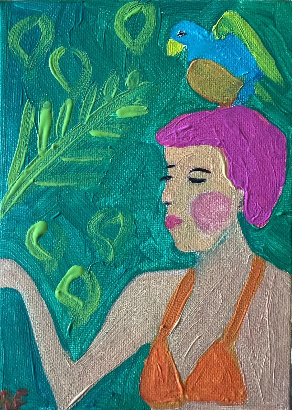 Original Woman in Bikini with Bird Painting 5×7 acrylic art pink hair