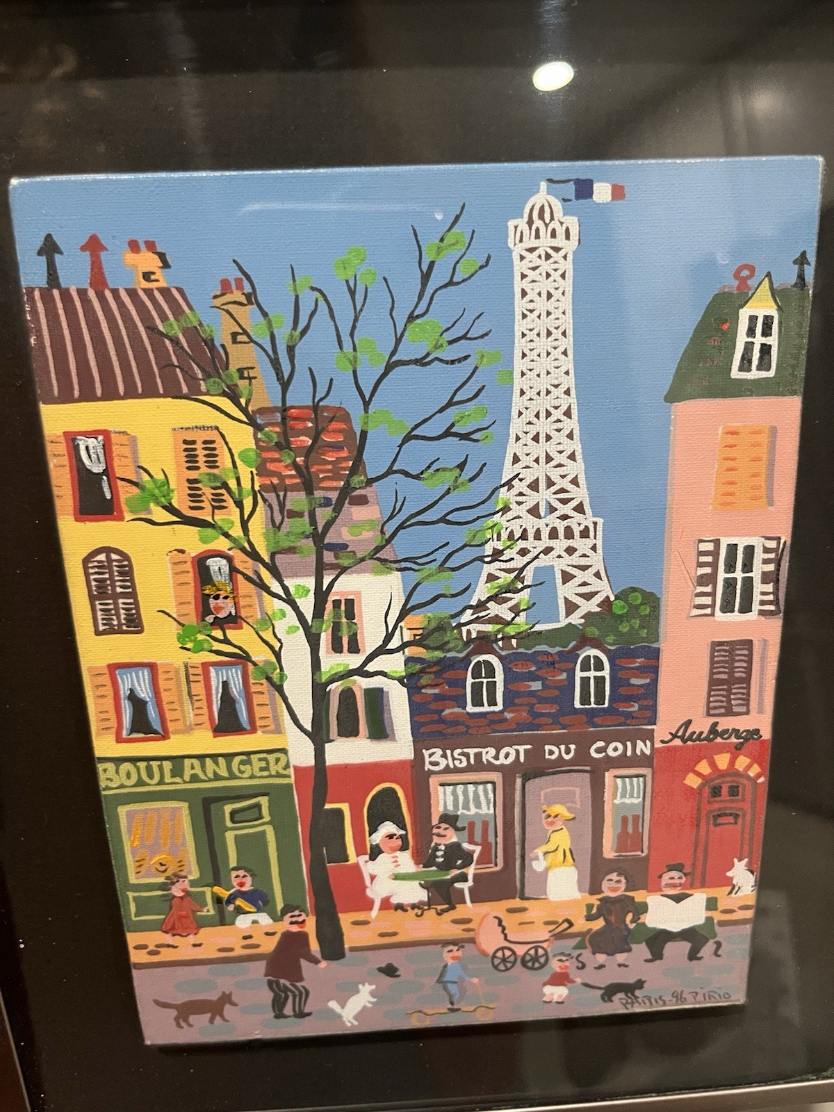Naif French Street Scene On Canvas 1996 Signed Eiffel Tower 5×7 Folk Art