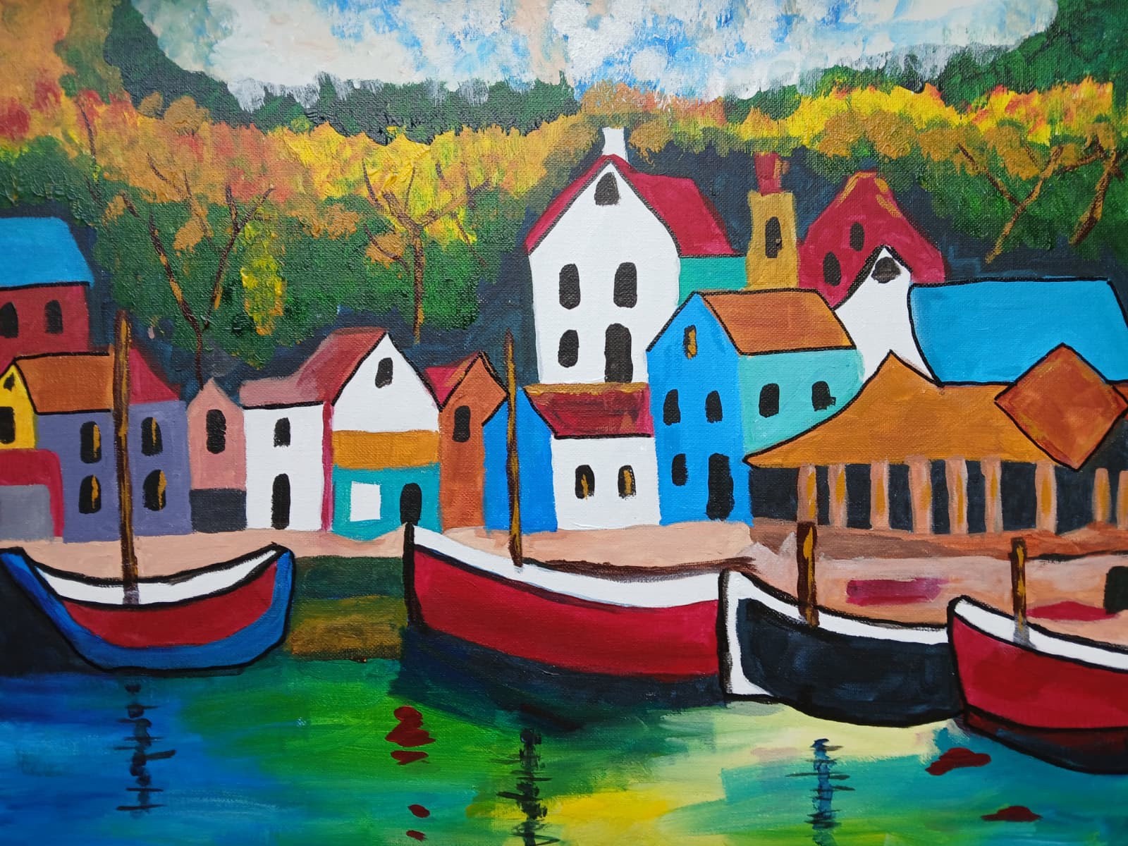 Impressionism 16×20 Seaside VillageHandmade Signed Colorful Art Painting