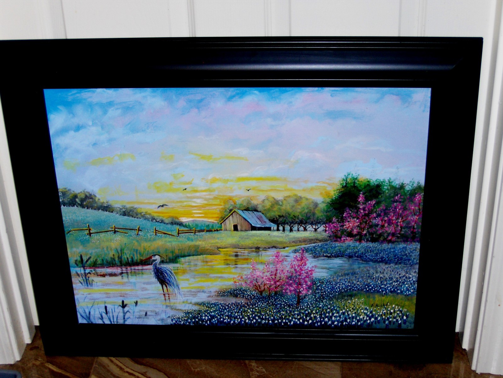 LARGE ORIGINAL Bluebonnet Landscape Barn Fence Heron Pond Blooming Tree Painting