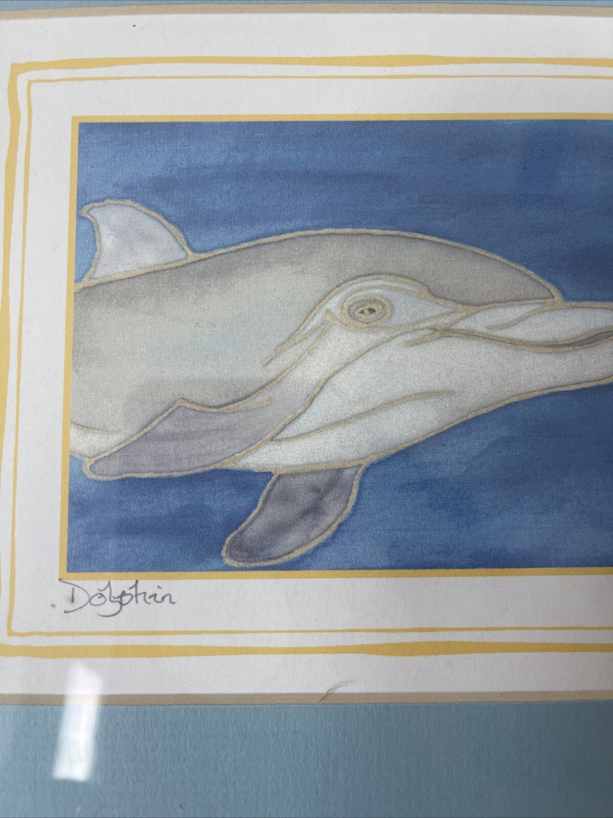 Dolphin Painting Signed Nautical Theme Watercolor Decor Matted Framed 13×11”