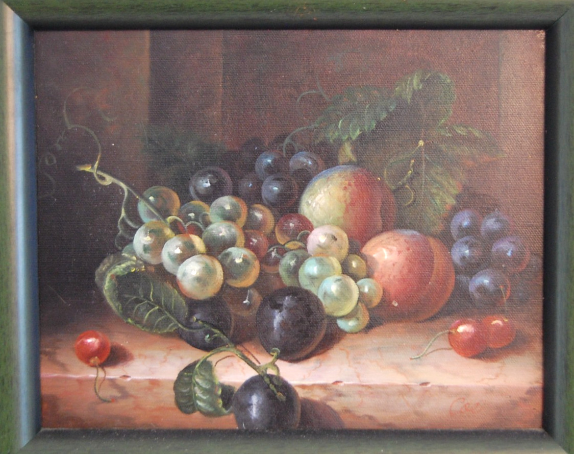 Framed Original Signed Coe Oil Painting Grapes, Berries Fruits a Still Life 10X8