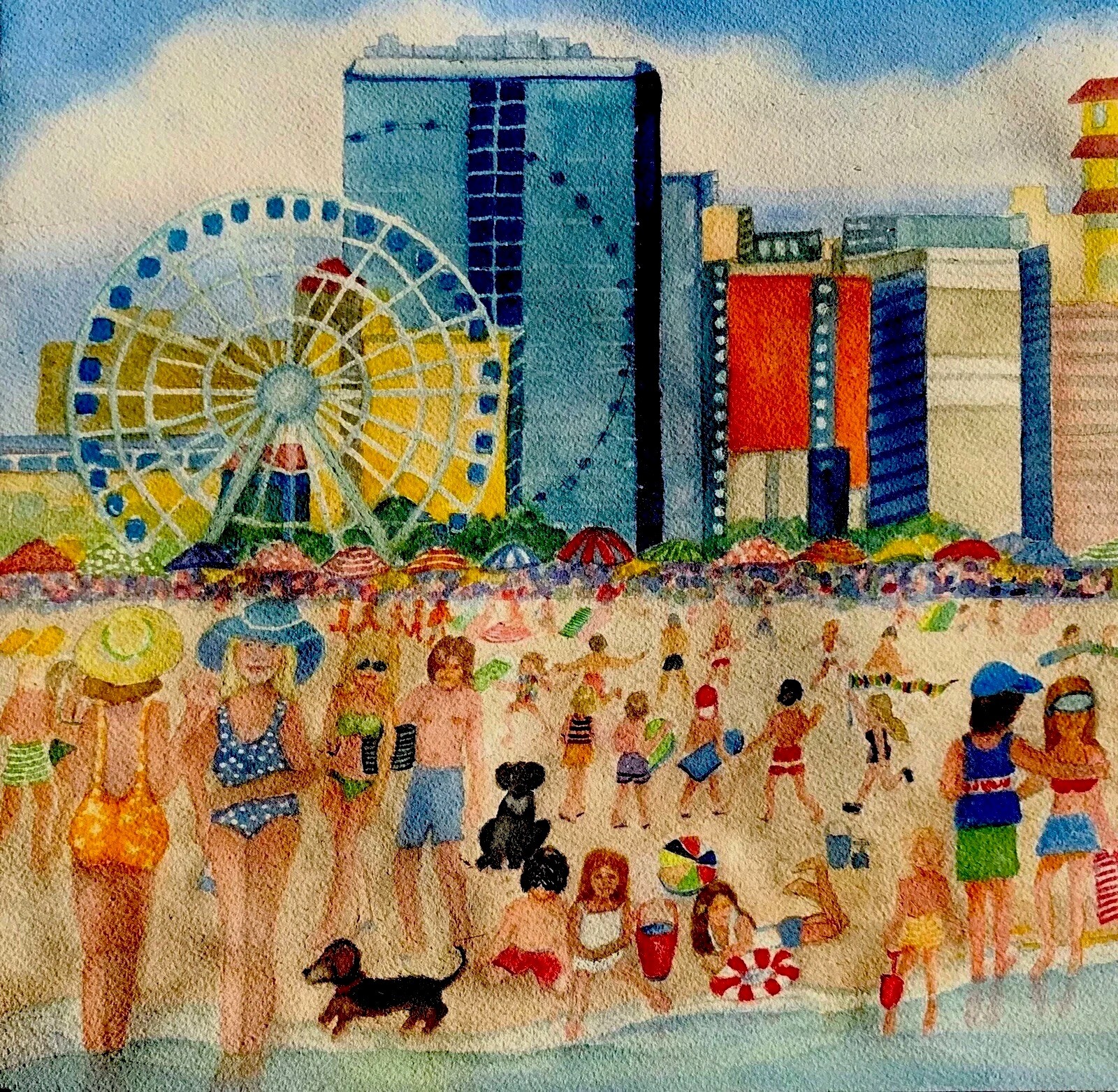 WATERCOLOR ORIGINAL 12×12 Boardwalk People Myrtle Beach Ocean Surf Summer Wall