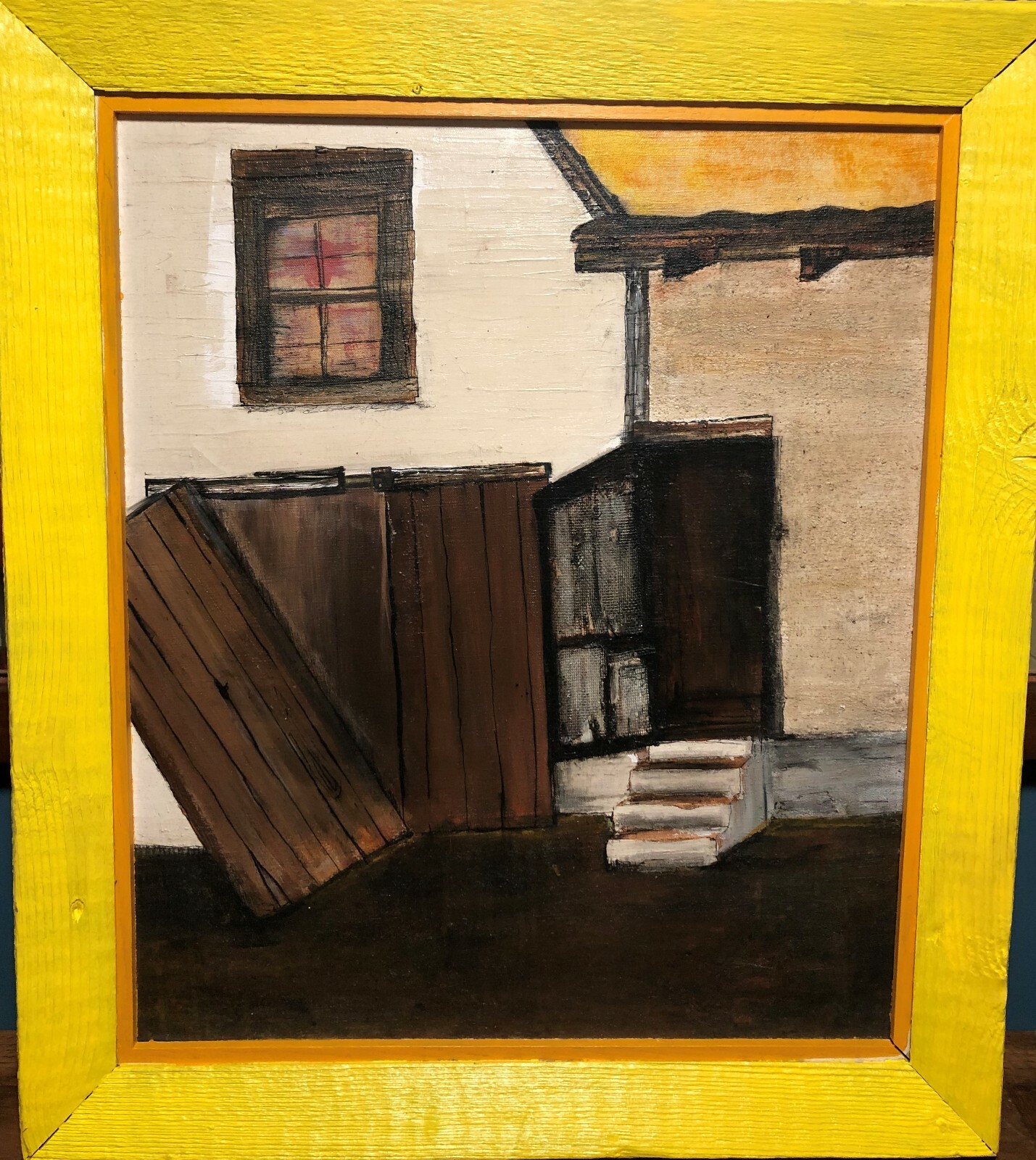 Large Framed Original 1968 Oil Painting With Collage Murray Kentucky Alleyway