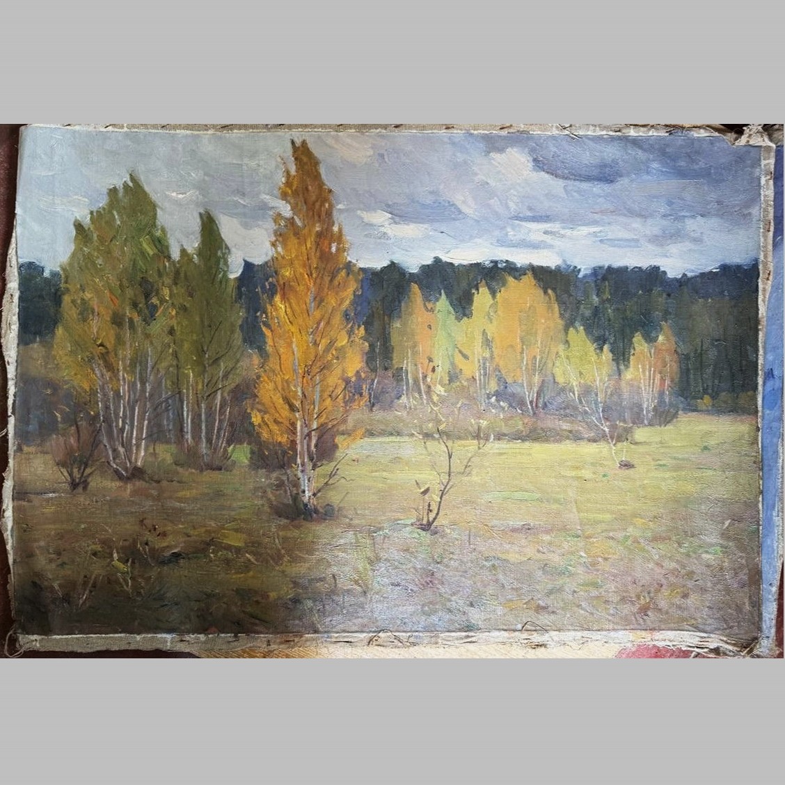 Old Big USSR OIL Hand PAINTING /Near Forest in October/ Landscape Realism Canvas