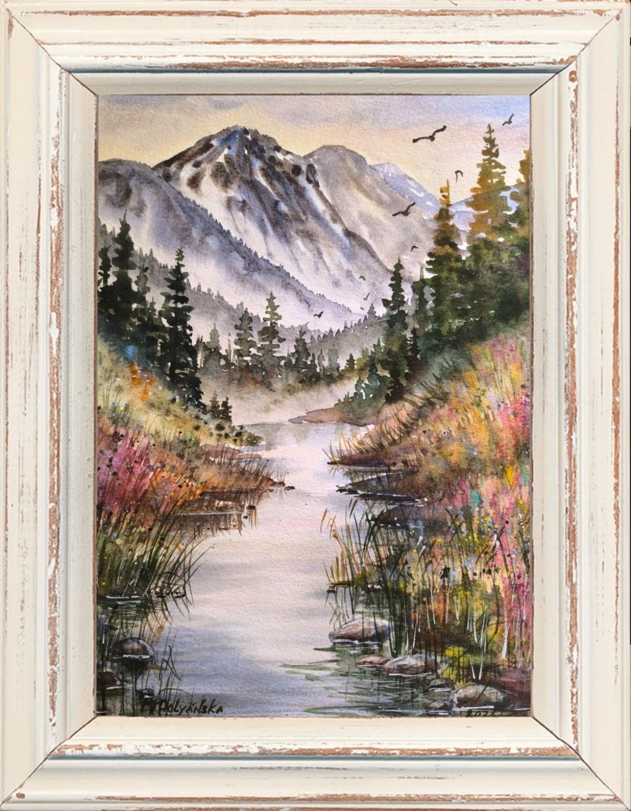 FOGGY FOREST MOUNTAINS Original Art Painting BIRD FLYING RIVER Bob Ross Style A4