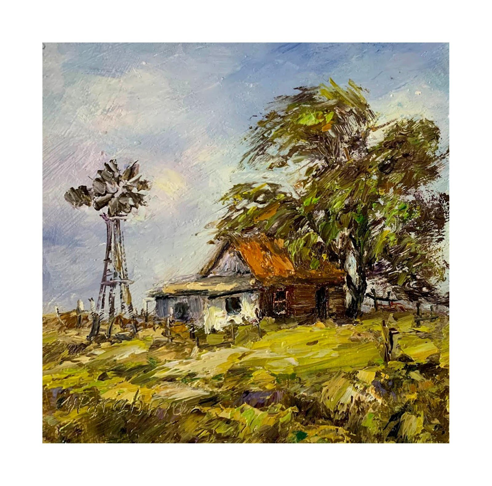 Original Oil Painting – Texas Farm Landscape with Windmill and Barn – 4×4 Inch