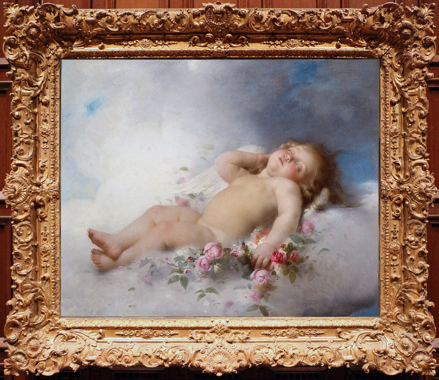 Sleeping Winged Cupid Cherub Angel Baby with Roses Oil Painting Vintage Art
