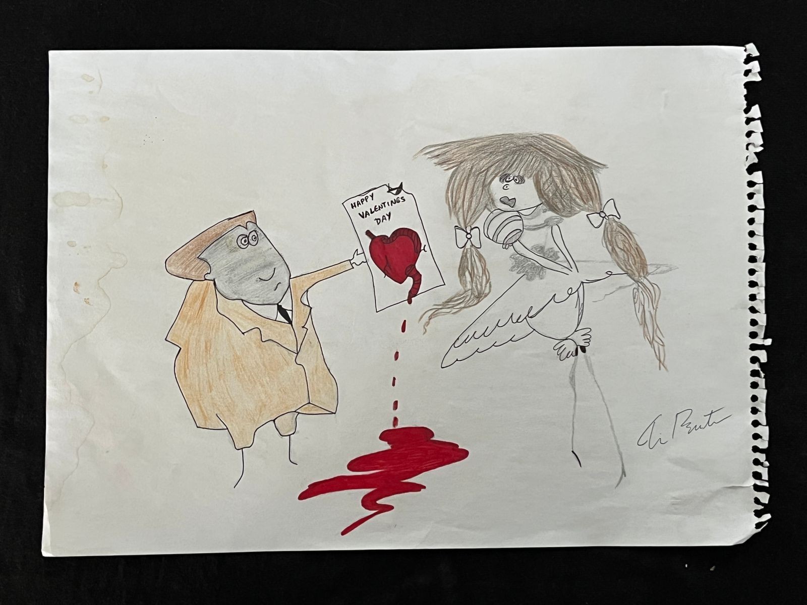 TIM BURTON drawing and painting on old paper signed stamped vintage