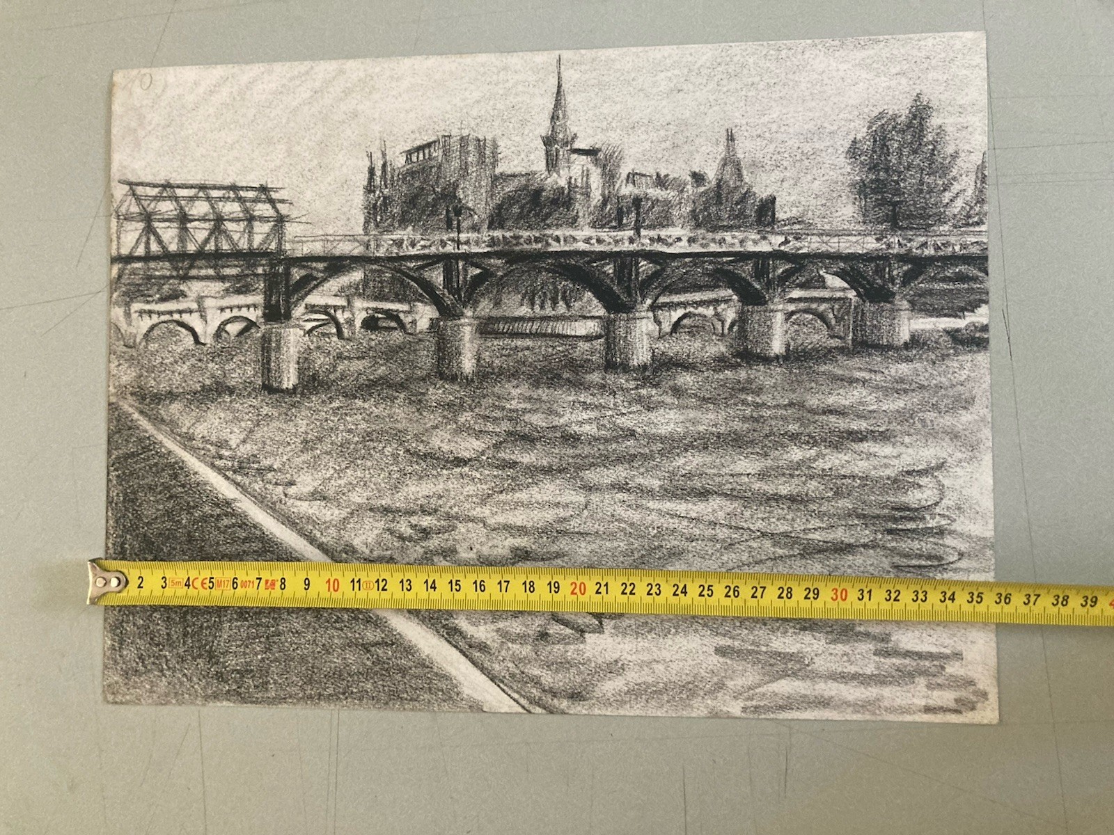 1970 Charcoal Drawing on Paper Paris Seine Quay Notre-Dame Pont Neuf Urban Art