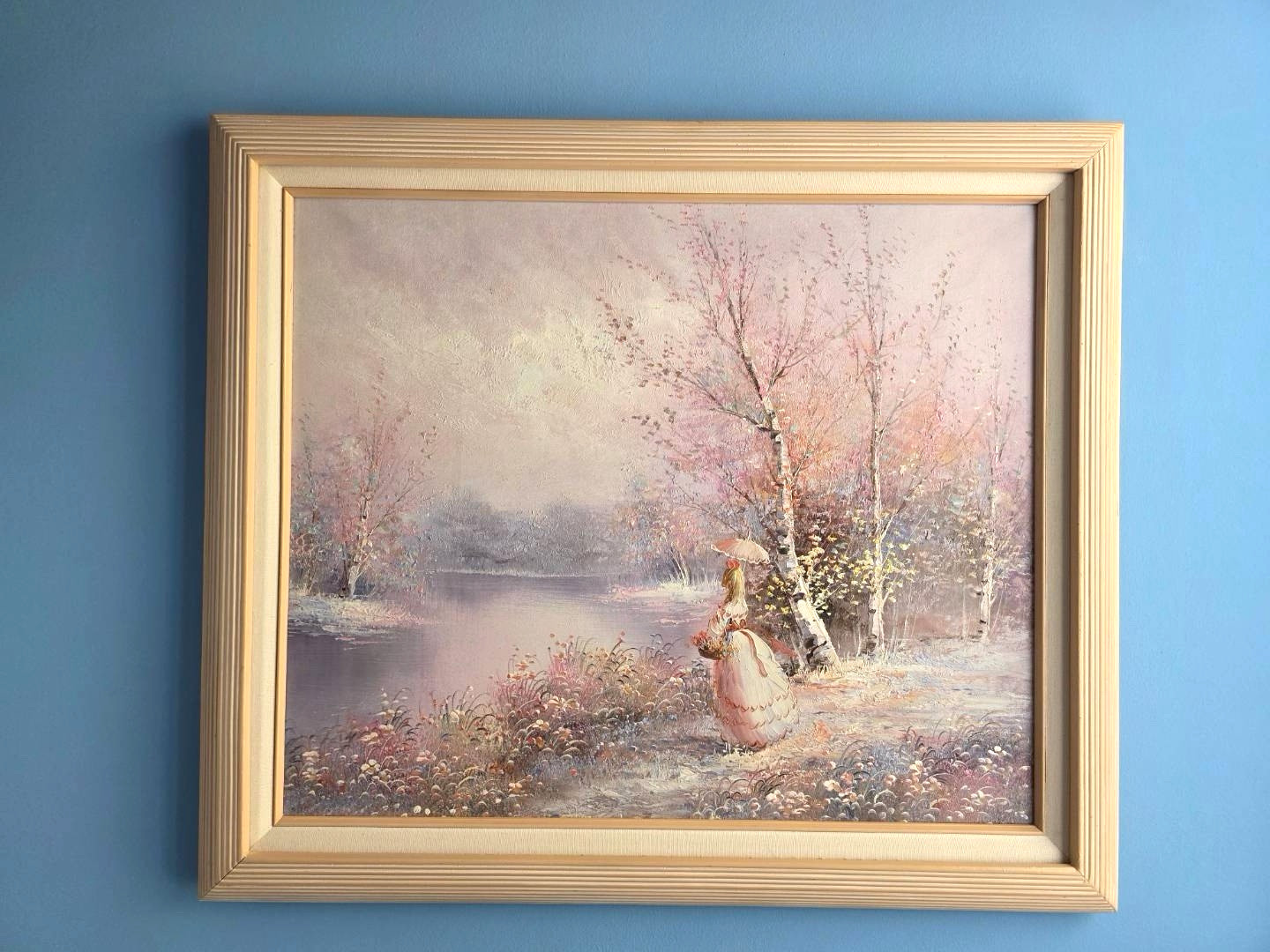 Original Oil Painting Woman by the River Landscape Pastel Palette Framed 24″x28″