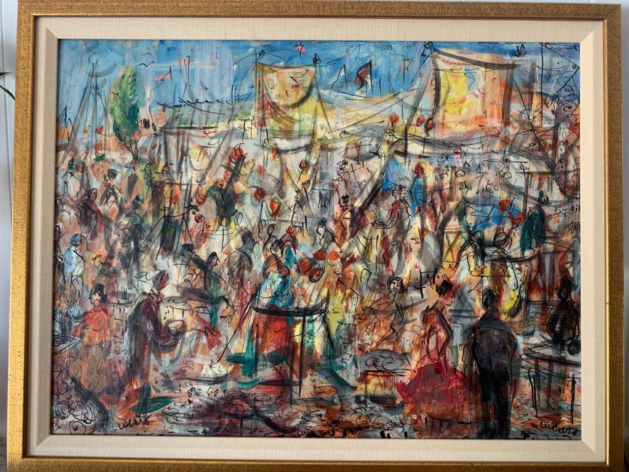 Vintage Pascal Cucaro Signed Original Oil Painting Party Scene San Francisco