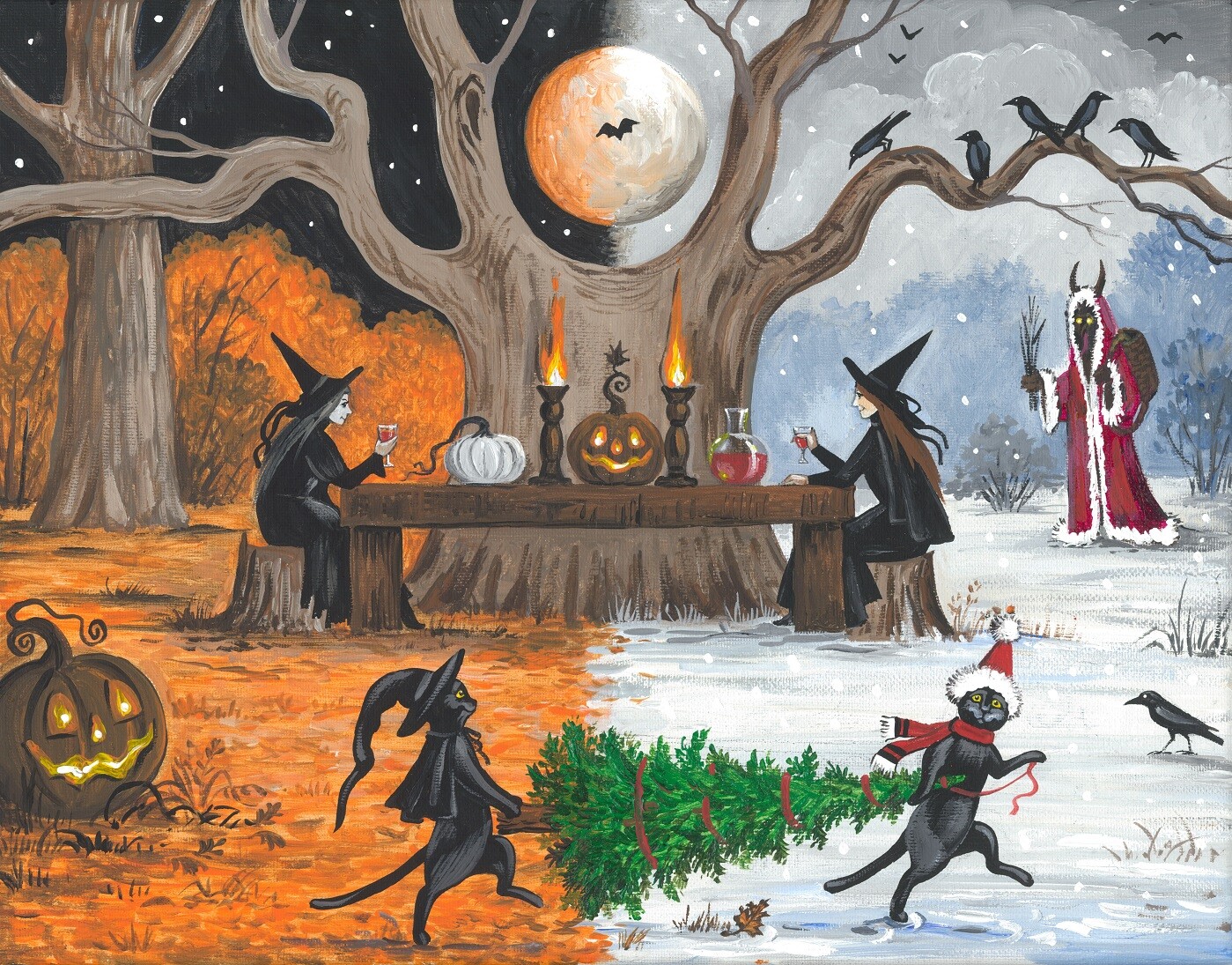 11×14 print OF PAINTING CHRISTMAS HALLOWEEN RYTA KRAMPUS SALEM BLACK CAT WITCH