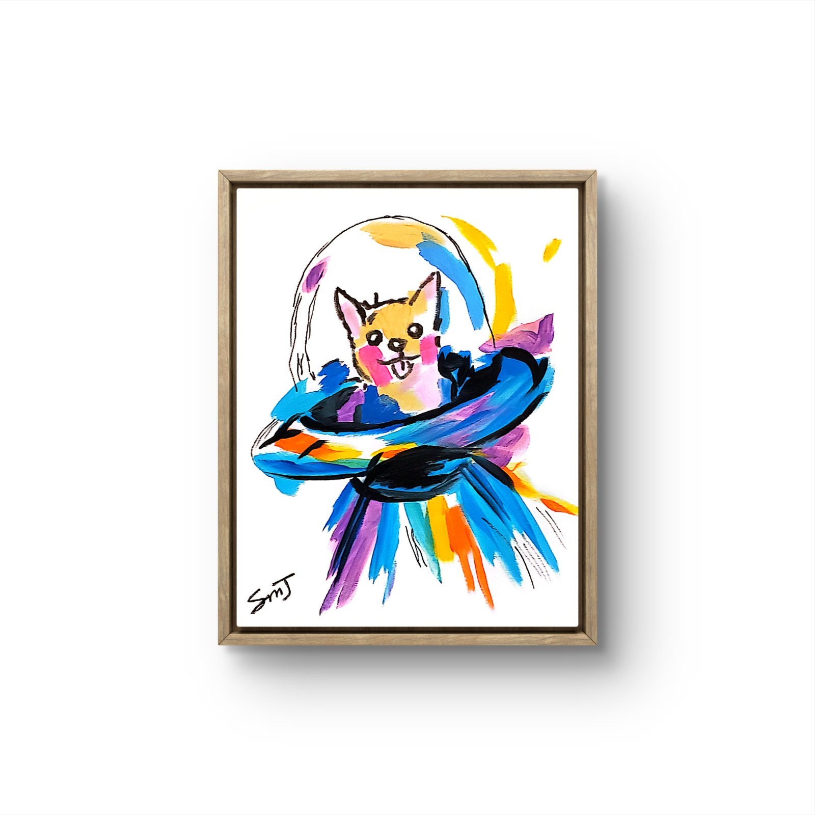 JULIEN Original 11X14 DOG PILOTS UFO Colorful Modern Art Acrylic Painting Canvas