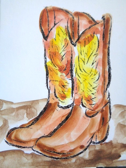 ACEO Southwest Western COUNTRY FARM COWBOY BOOTS Painting