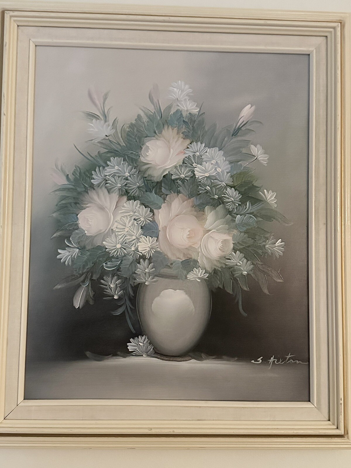 Framed OIL On Canvas PAINTING Signed S. Hilton 25” X 21” Roses Daisies Floral