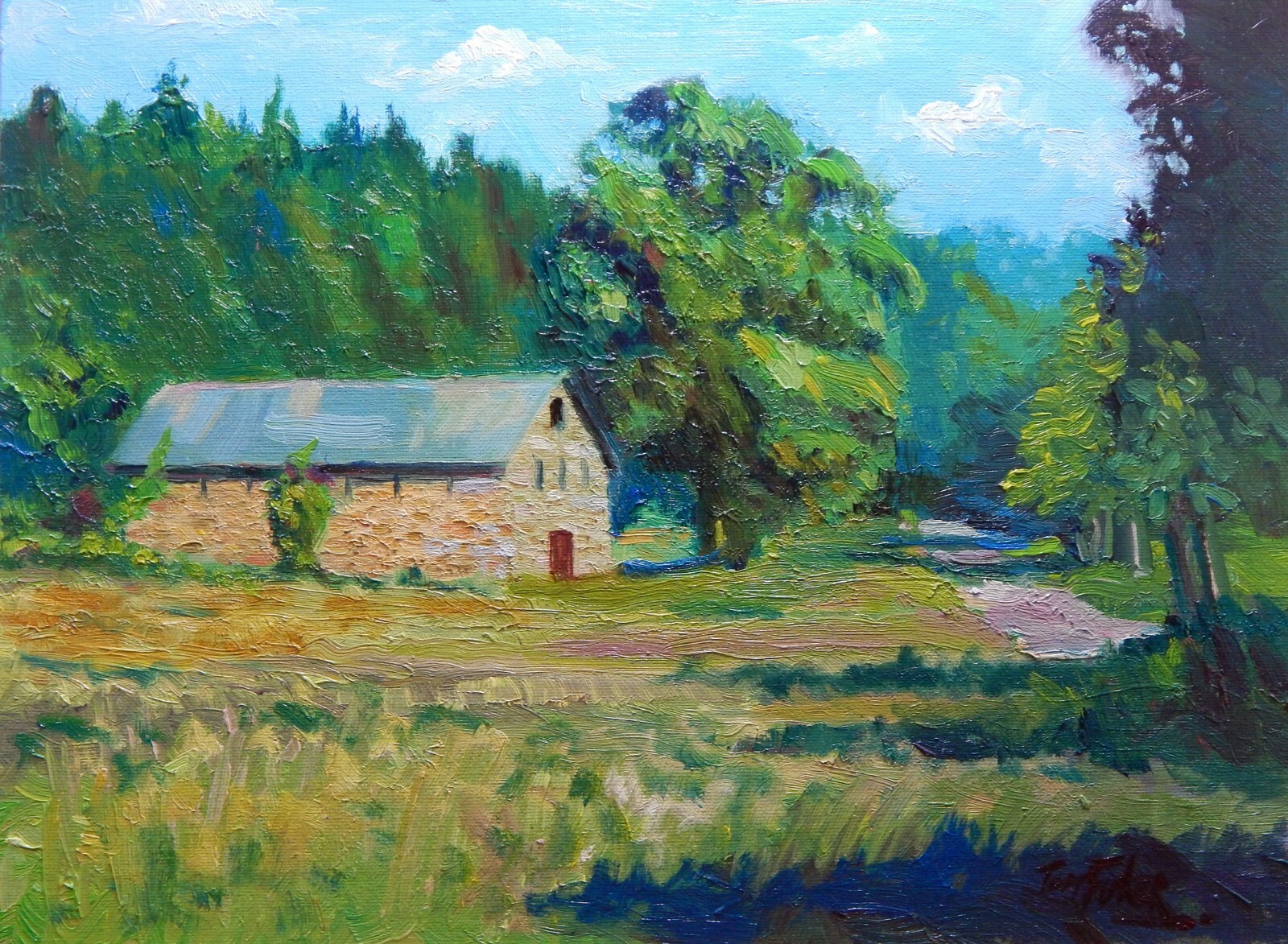 stone barn road trees New Eengland Impressionism Landscape Original Oil Painting