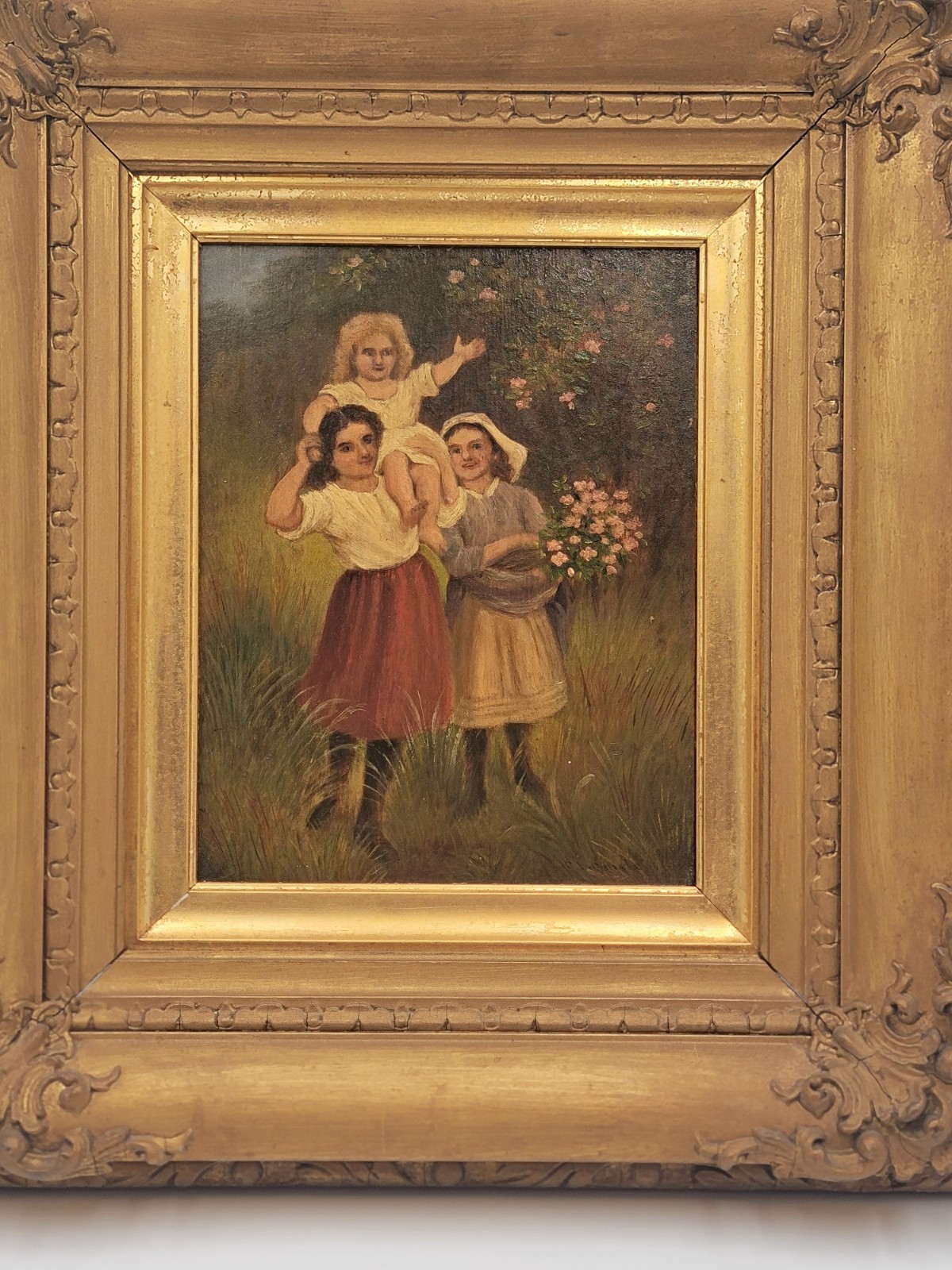 Rare 19th C Children Playing French Oil Painting Signed wood panel Guilded Frame